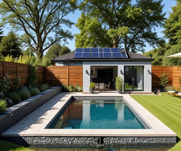 Pool mit Solarheizungsanlage auf dem Dach